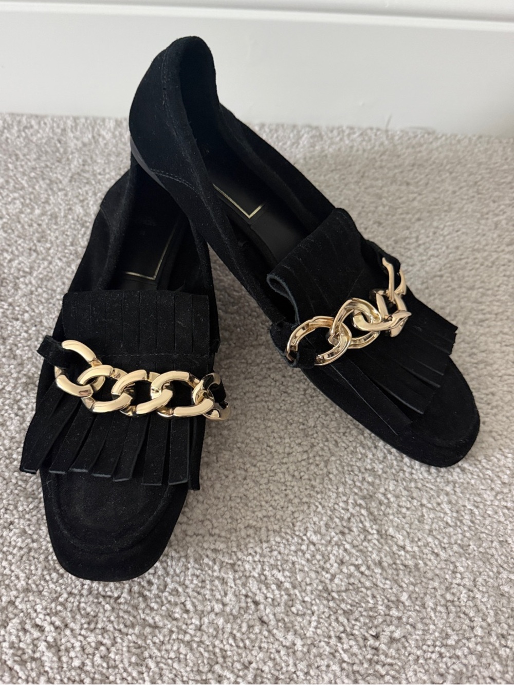 Zara Black Suede Fringe Loafers with Gold Chain Detail